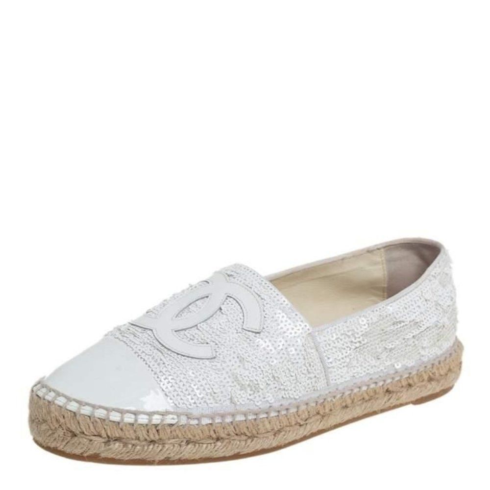 CHANEL White Woven Interlocking CC Logo Sequin Flat Espadrilles Size EU37 - Picture 5 of 15